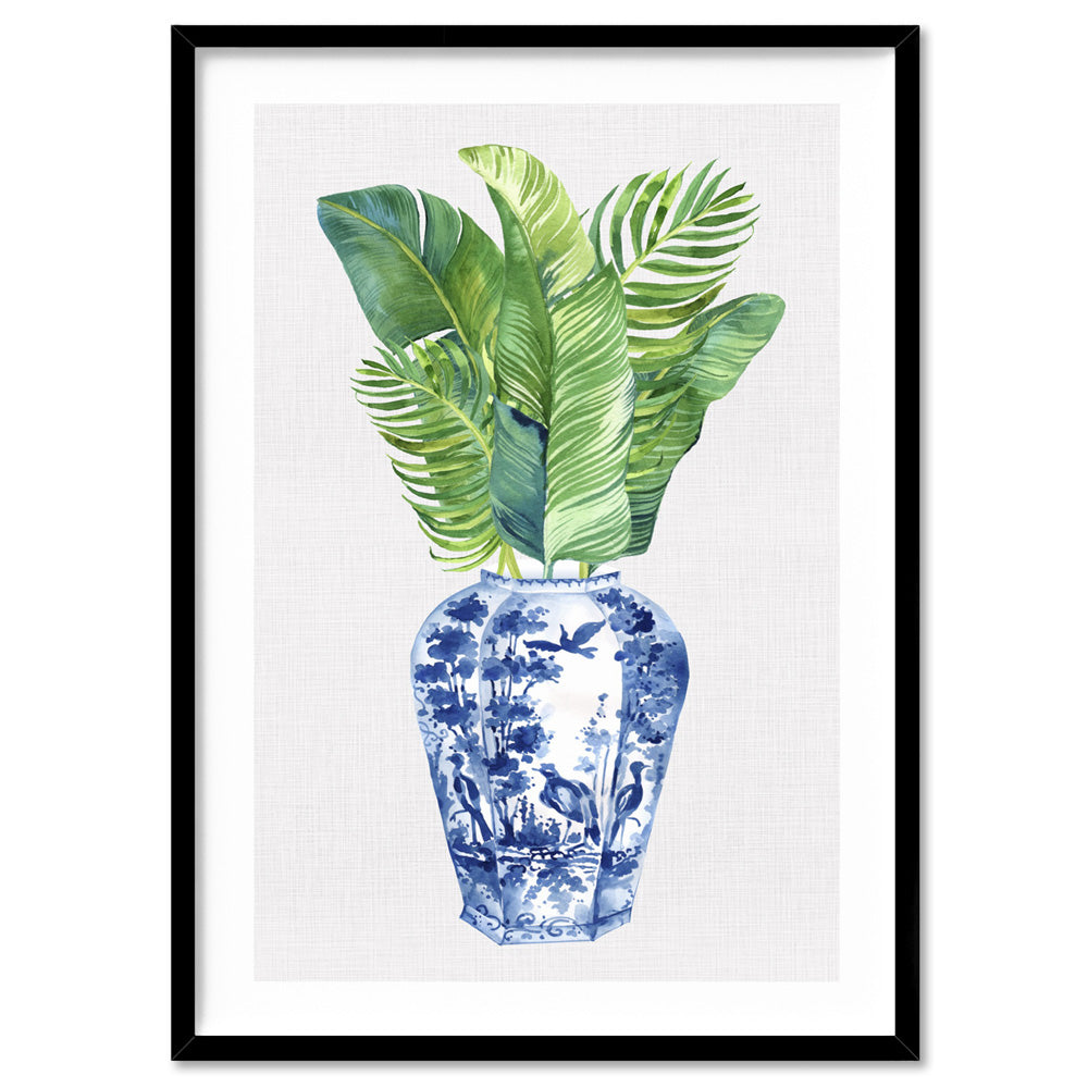 Palm Leaves Ginger Jar II - Art Print, Poster, Stretched Canvas, or Framed Wall Art Print, shown in a black frame