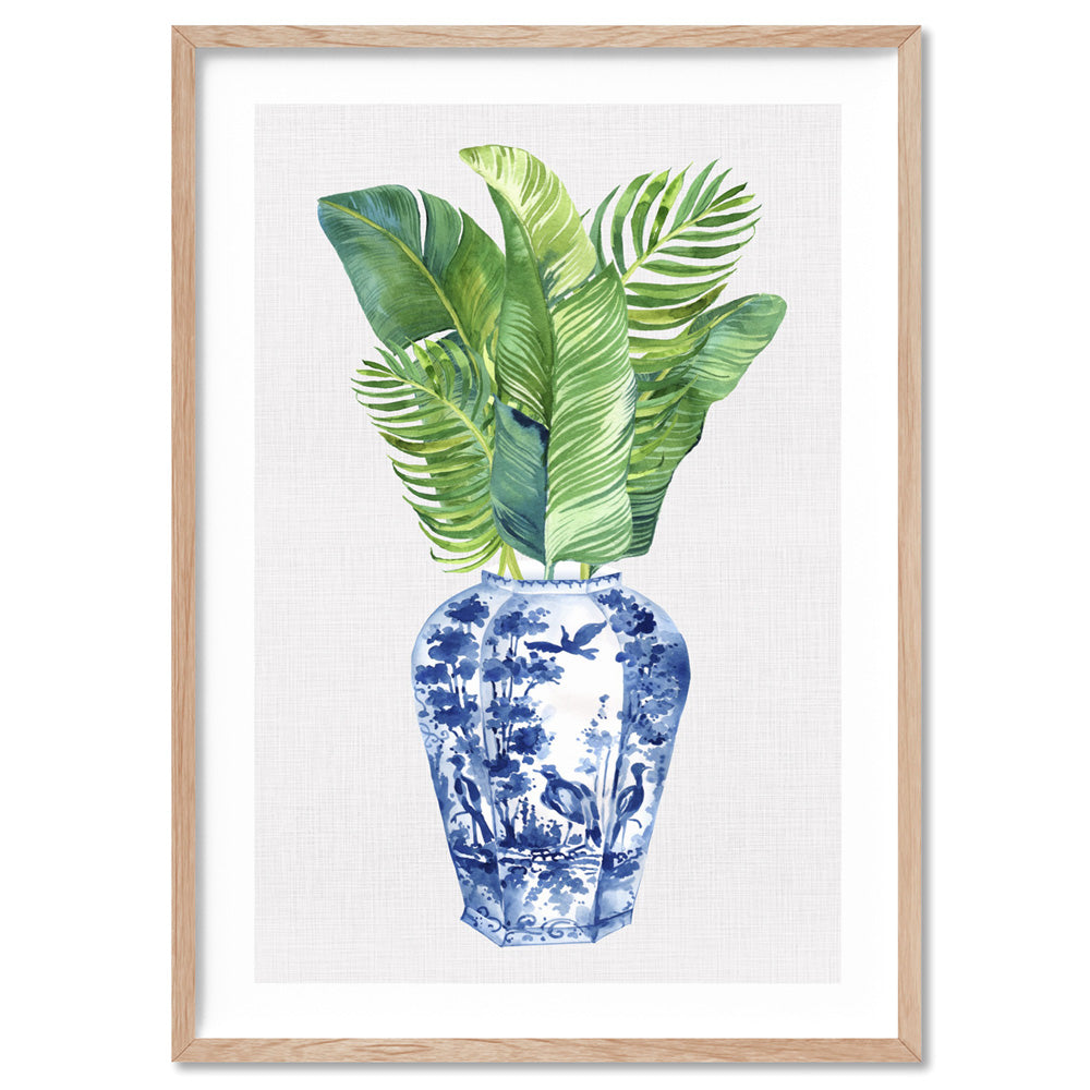 Palm Leaves Ginger Jar II - Art Print, Poster, Stretched Canvas, or Framed Wall Art Print, shown in a natural timber frame