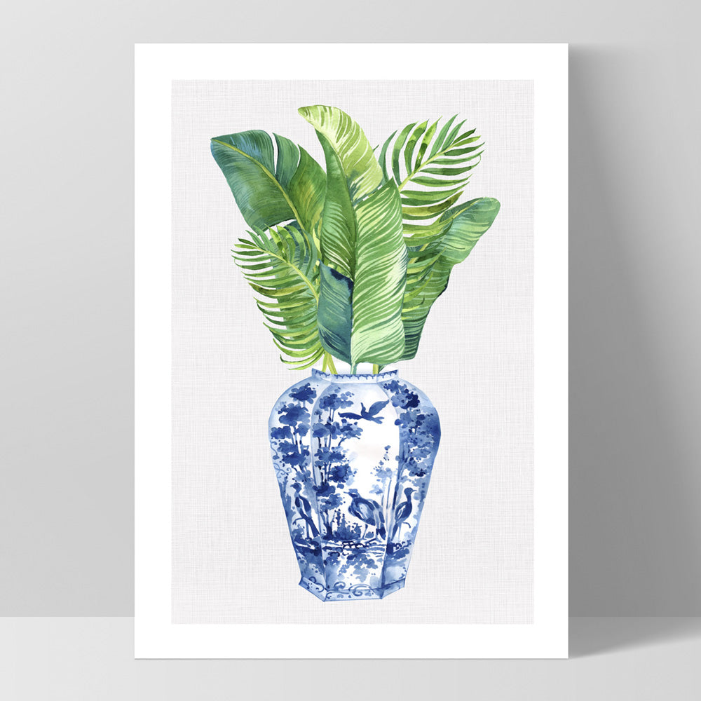 Palm Leaves Ginger Jar II - Art Print, Poster, Stretched Canvas, or Framed Wall Art Print, shown as a stretched canvas or poster without a frame