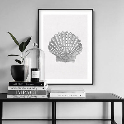 Sea Shells in Grey | Lions Paw Scallop - Art Print, Poster, Stretched Canvas or Framed Wall Art Prints, shown framed in a room
