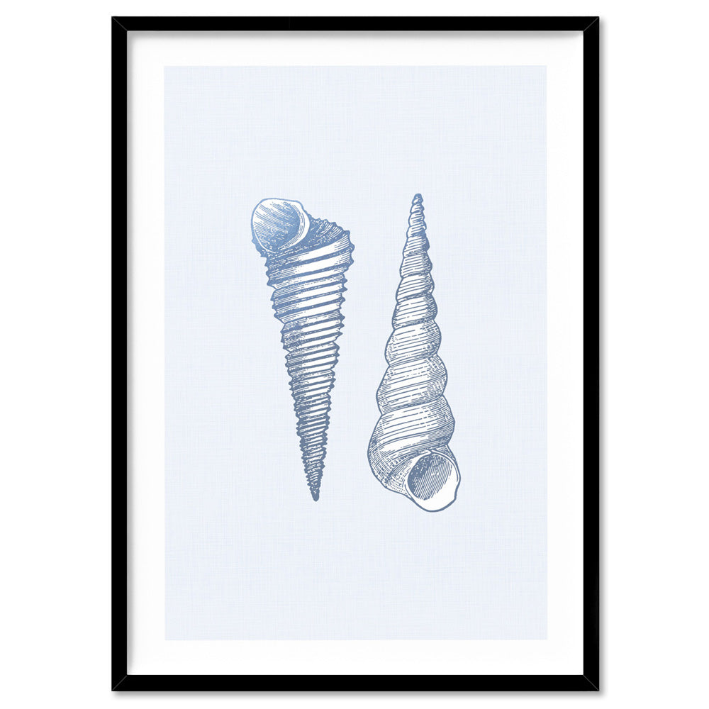 Sea Shells in Blue | Auger Shells - Art Print, Poster, Stretched Canvas, or Framed Wall Art Print, shown in a black frame