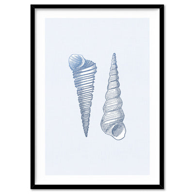 Sea Shells in Blue | Auger Shells - Art Print, Poster, Stretched Canvas, or Framed Wall Art Print, shown in a black frame