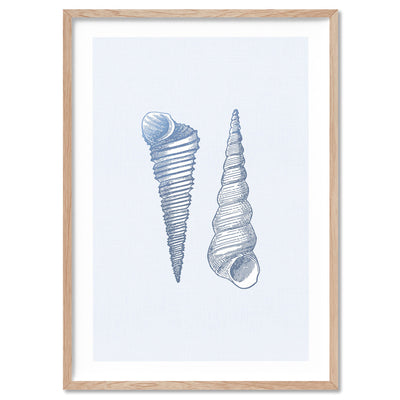 Sea Shells in Blue | Auger Shells - Art Print, Poster, Stretched Canvas, or Framed Wall Art Print, shown in a natural timber frame