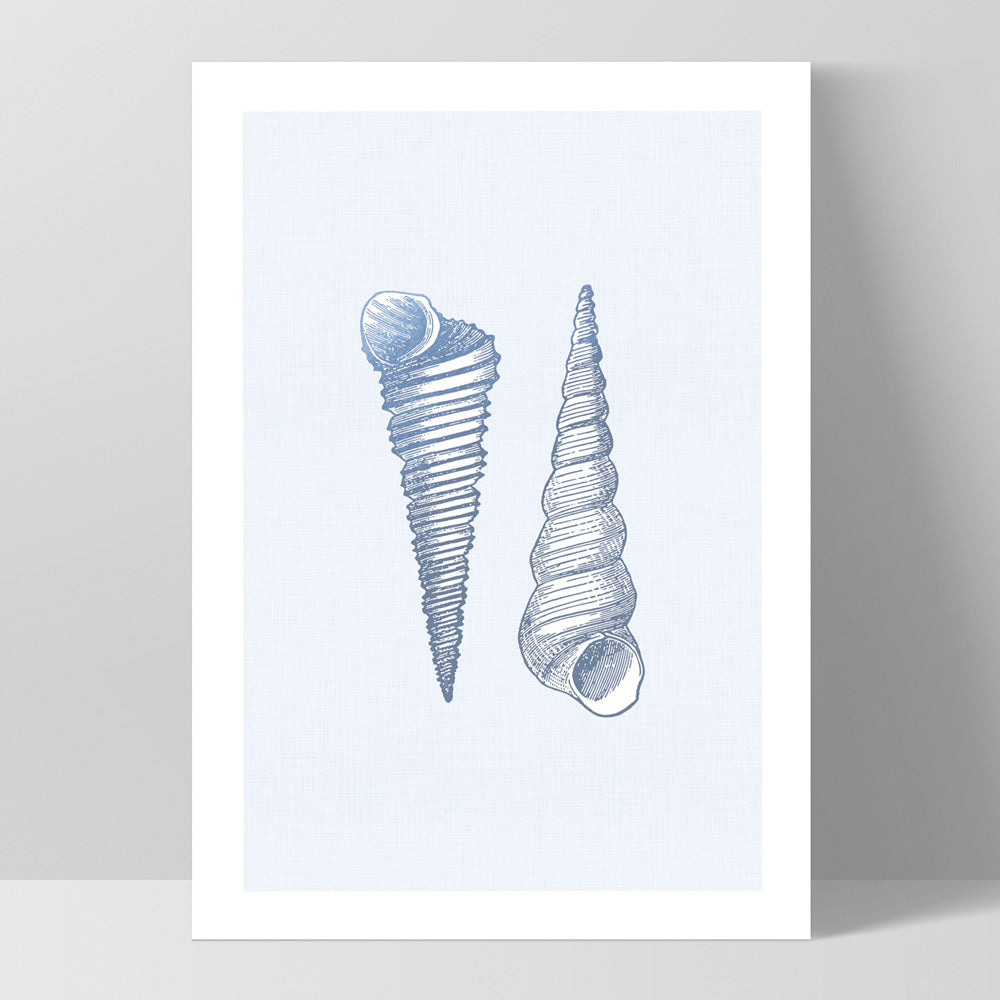 Sea Shells in Blue | Auger Shells - Art Print, Poster, Stretched Canvas, or Framed Wall Art Print, shown as a stretched canvas or poster without a frame