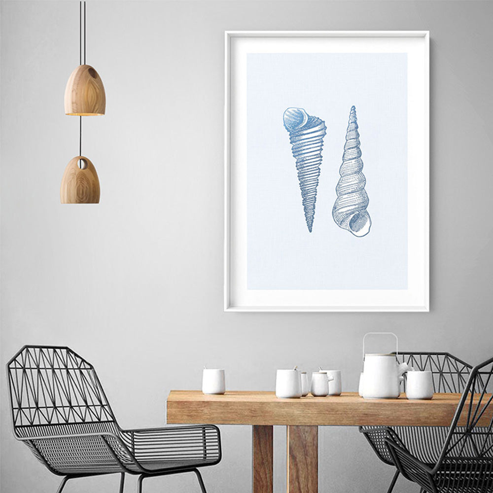 Sea Shells in Blue | Auger Shells - Art Print, Poster, Stretched Canvas or Framed Wall Art Prints, shown framed in a room