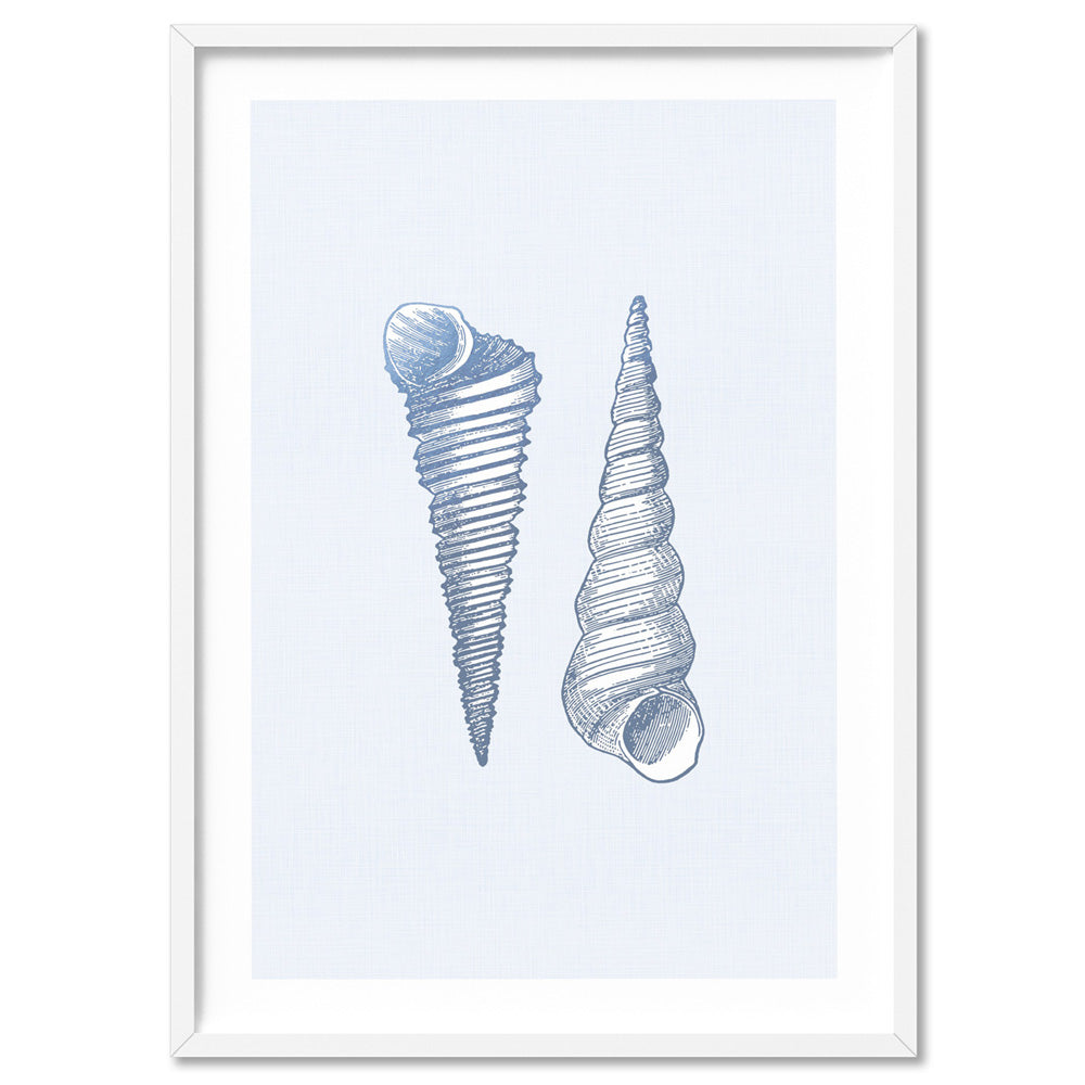 Sea Shells in Blue | Auger Shells - Art Print, Poster, Stretched Canvas, or Framed Wall Art Print, shown in a white frame