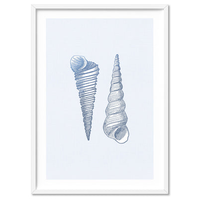 Sea Shells in Blue | Auger Shells - Art Print, Poster, Stretched Canvas, or Framed Wall Art Print, shown in a white frame