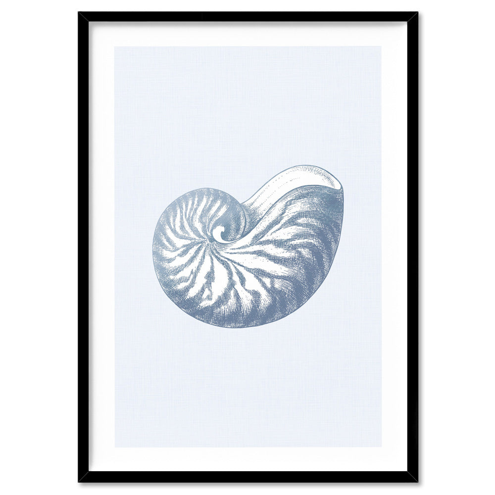 Sea Shells in Blue | Nautilus Shell - Art Print, Poster, Stretched Canvas, or Framed Wall Art Print, shown in a black frame