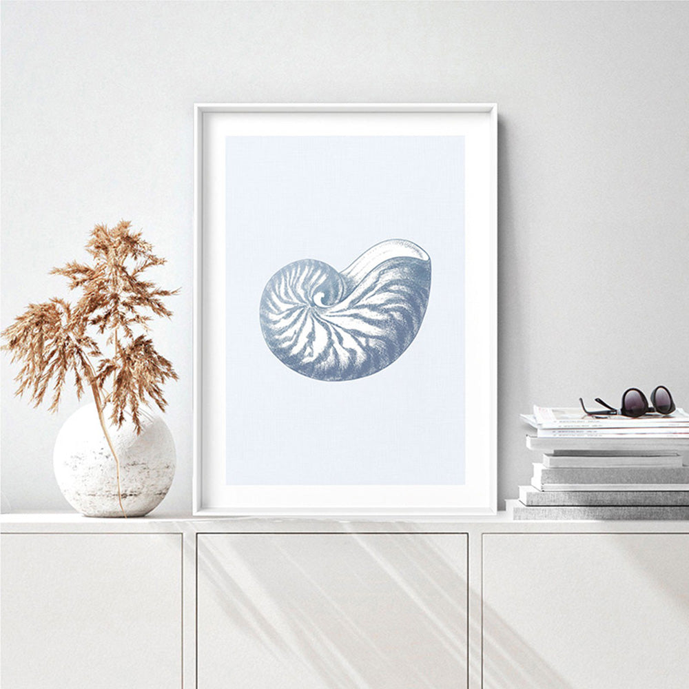 Sea Shells in Blue | Nautilus Shell - Art Print, Poster, Stretched Canvas or Framed Wall Art Prints, shown framed in a room