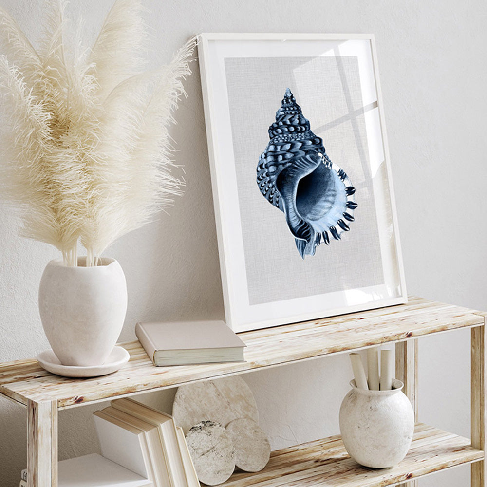 Sea Shells in Navy | Conch Shell - Art Print, Poster, Stretched Canvas or Framed Wall Art Prints, shown framed in a room