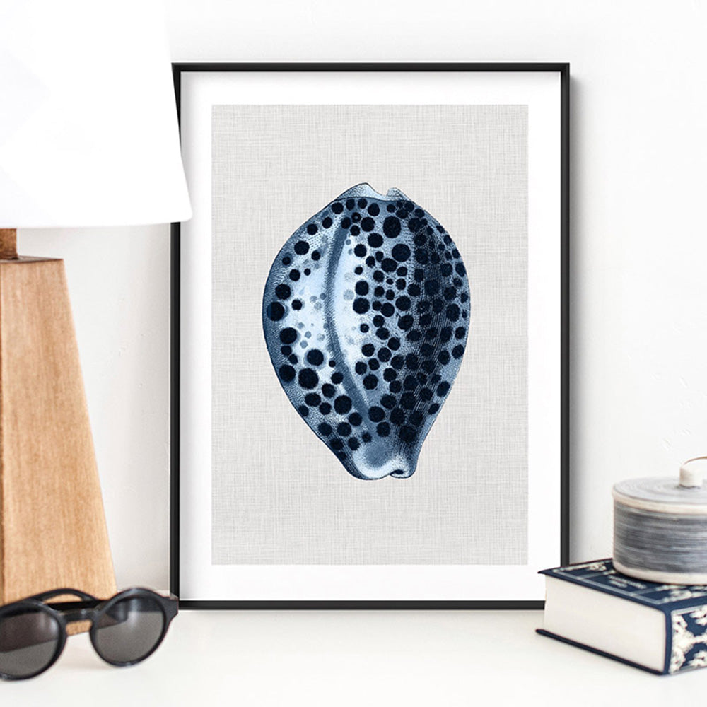 Sea Shells in Navy | Paua Shell - Art Print, Poster, Stretched Canvas or Framed Wall Art Prints, shown framed in a room