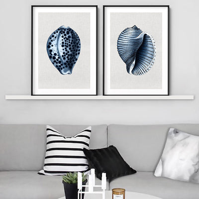 Sea Shells in Navy | Paua Shell - Art Print, Poster, Stretched Canvas or Framed Wall Art, shown framed in a home interior space