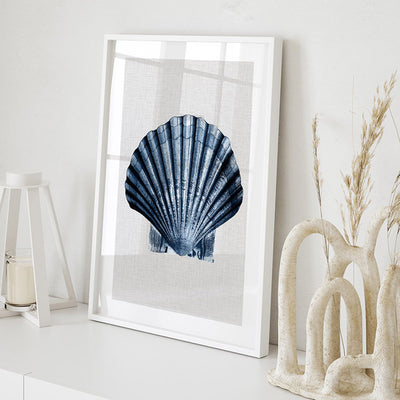 Sea Shells in Navy | Sea Scallop - Art Print, Poster, Stretched Canvas or Framed Wall Art Prints, shown framed in a room