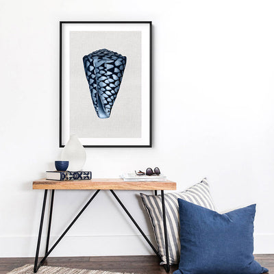 Sea Shells in Navy | Conus Shell - Art Print, Poster, Stretched Canvas or Framed Wall Art Prints, shown framed in a room