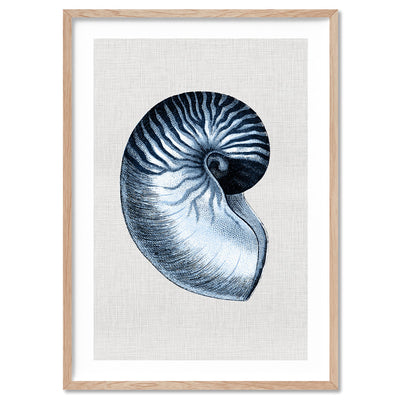 Sea Shells in Navy | Nautilus Shell - Art Print, Poster, Stretched Canvas, or Framed Wall Art Print, shown in a natural timber frame