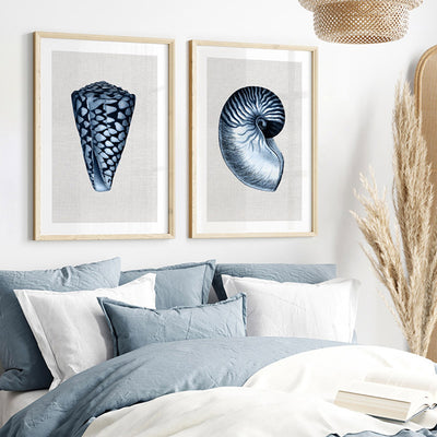 Sea Shells in Navy | Nautilus Shell - Art Print, Poster, Stretched Canvas or Framed Wall Art, shown framed in a home interior space