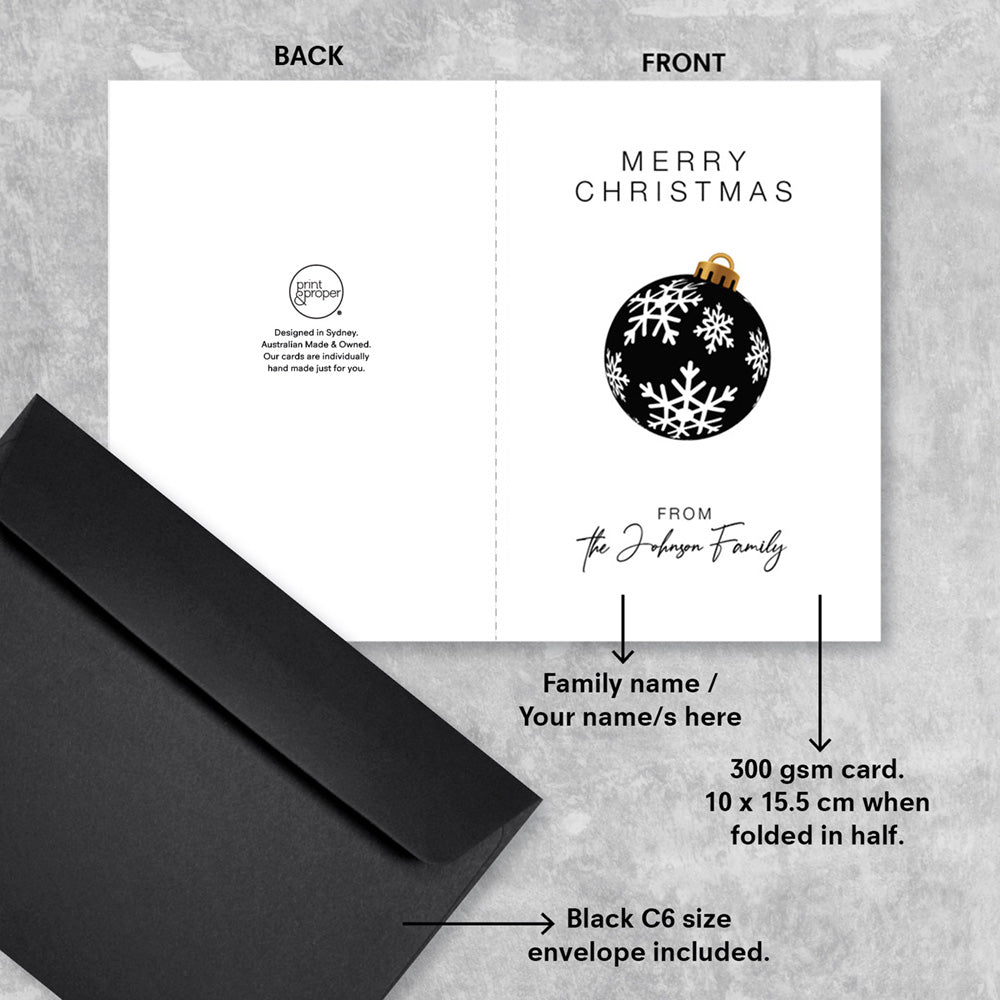 Custom Personalised Christmas Card, detail view showing customisation options, backside, and measurements
