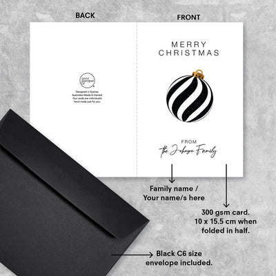 Custom Personalised Christmas Card, detail view showing customisation options, backside, and measurements