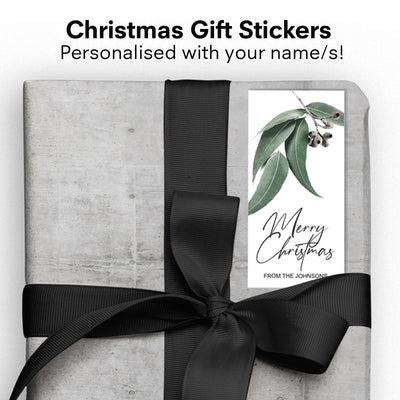 Christmas Gift Sticker featuring australian native botanicals - shown on a xmas present.