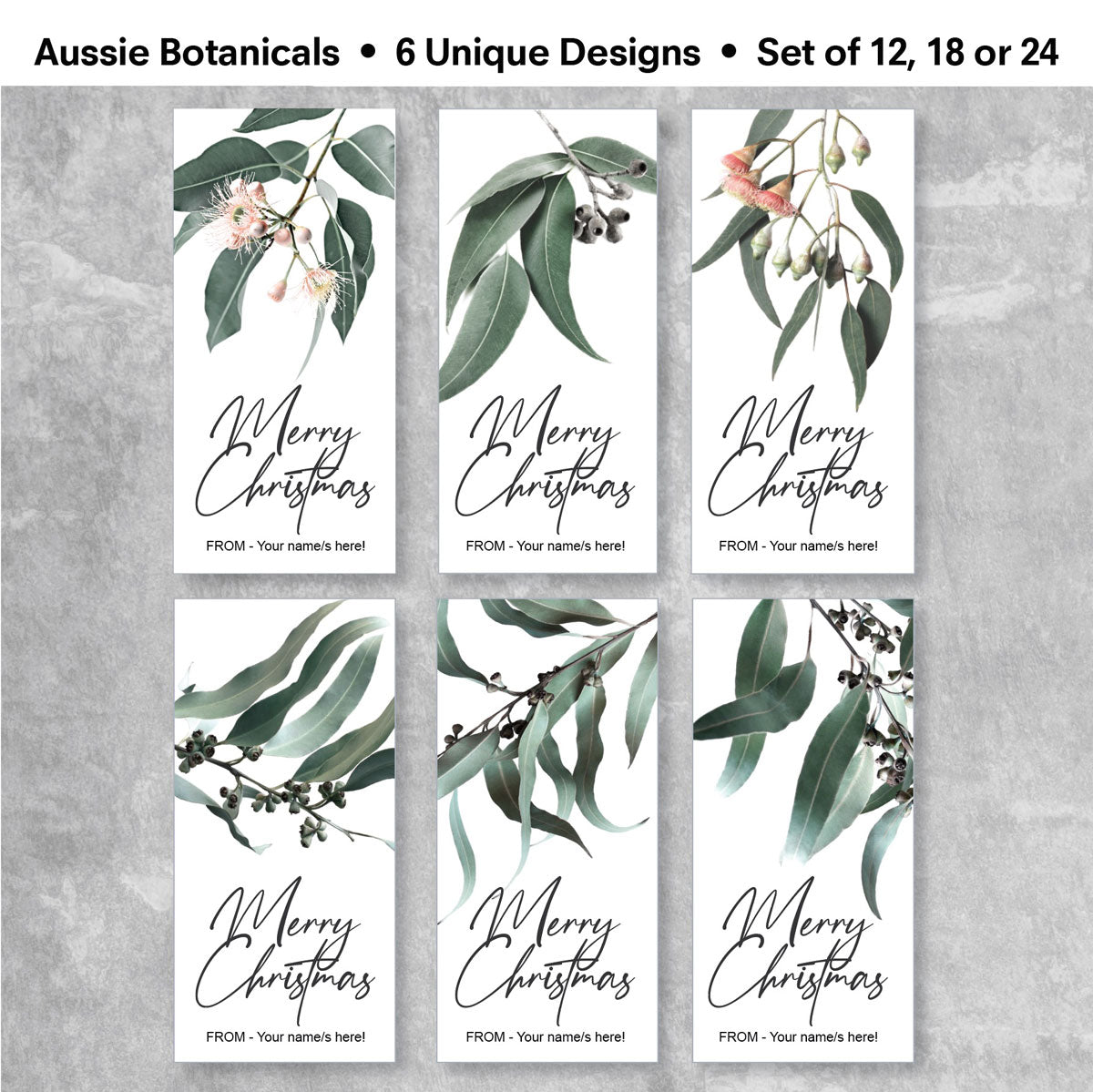 Christmas Gift Sticker featuring australian native botanicals - showing 6 designs you will receive in a set of 12, 18 or 24.