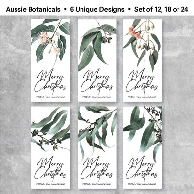 Christmas Gift Sticker featuring australian native botanicals - showing 6 designs you will receive in a set of 12, 18 or 24.