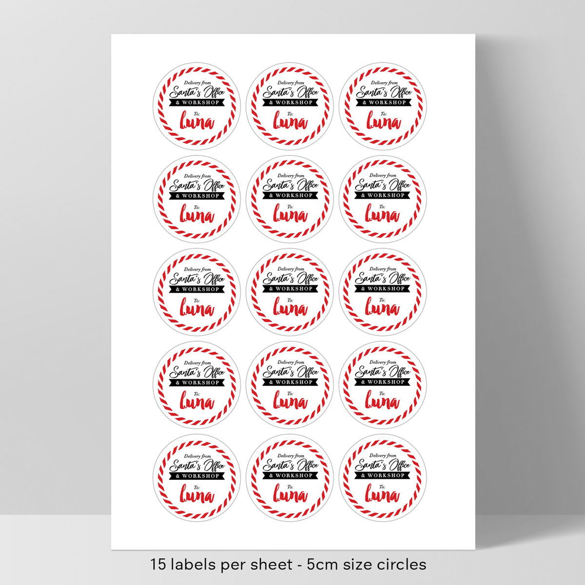 Round Christmas Gift Sticker Labels for Kids or Family, Customised with your names - shown 15 up on an A4 sheet 