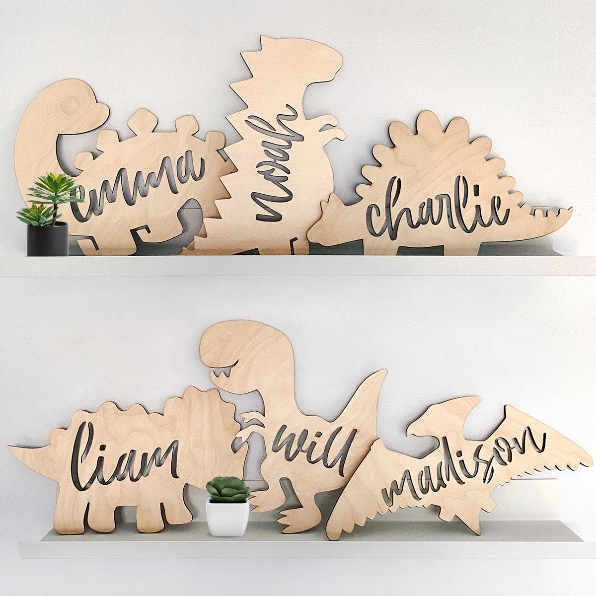 Dinosaur Door Sign | Custom Name. Front view - showing all six dinosaur shape options available