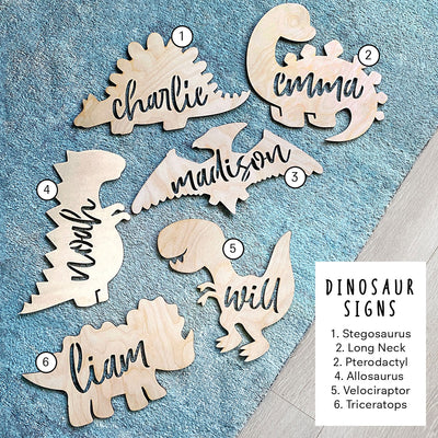 Dinosaur Door Sign | Custom Name. All Dinosaur Shapes Flat Lay, showing the names of each dinosaur silhouette shape available for selection