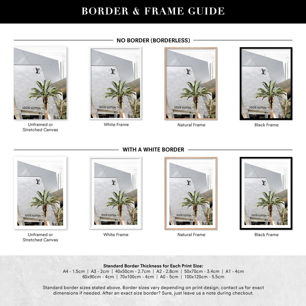 Louis V Rodeo Drive - Art Print, Poster, Stretched Canvas or Framed Wall Art, Showing White , Black, Natural Frame Colours, No Frame (Unframed) or Stretched Canvas, and With or Without White Borders