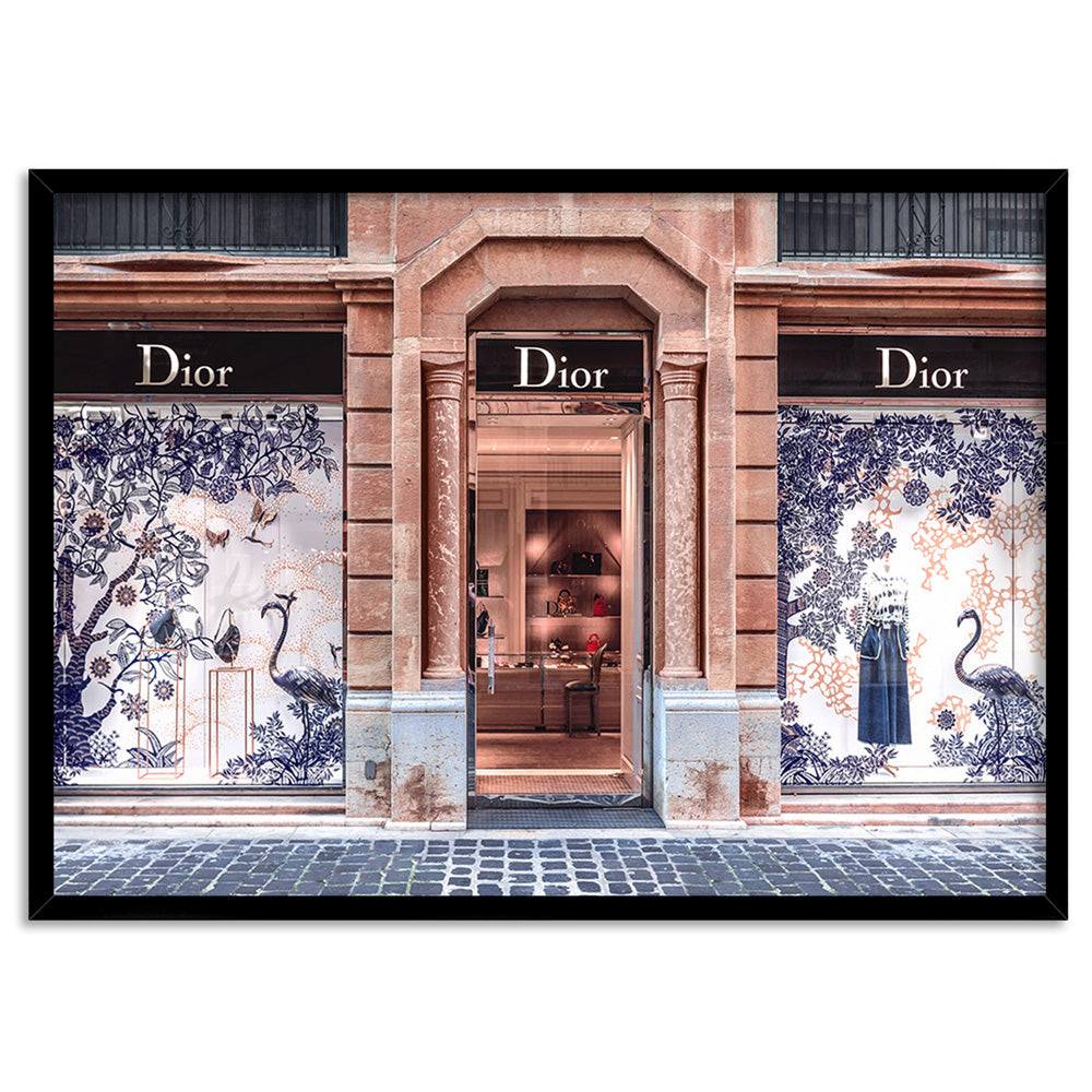 Dior Store in Blush & Blue - Art Print, Poster, Stretched Canvas, or Framed Wall Art Print, shown in a black frame