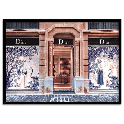 Dior Store in Blush & Blue - Art Print, Poster, Stretched Canvas, or Framed Wall Art Print, shown in a black frame