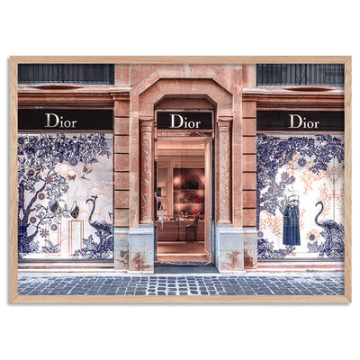 Dior Store in Blush & Blue - Art Print, Poster, Stretched Canvas, or Framed Wall Art Print, shown in a natural timber frame