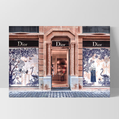 Dior Store in Blush & Blue - Art Print, Poster, Stretched Canvas, or Framed Wall Art Print, shown as a stretched canvas or poster without a frame