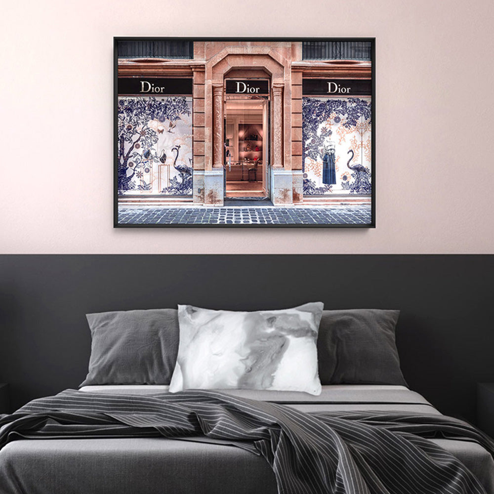 Dior Store in Blush & Blue - Art Print, Poster, Stretched Canvas or Framed Wall Art Prints, shown framed in a room