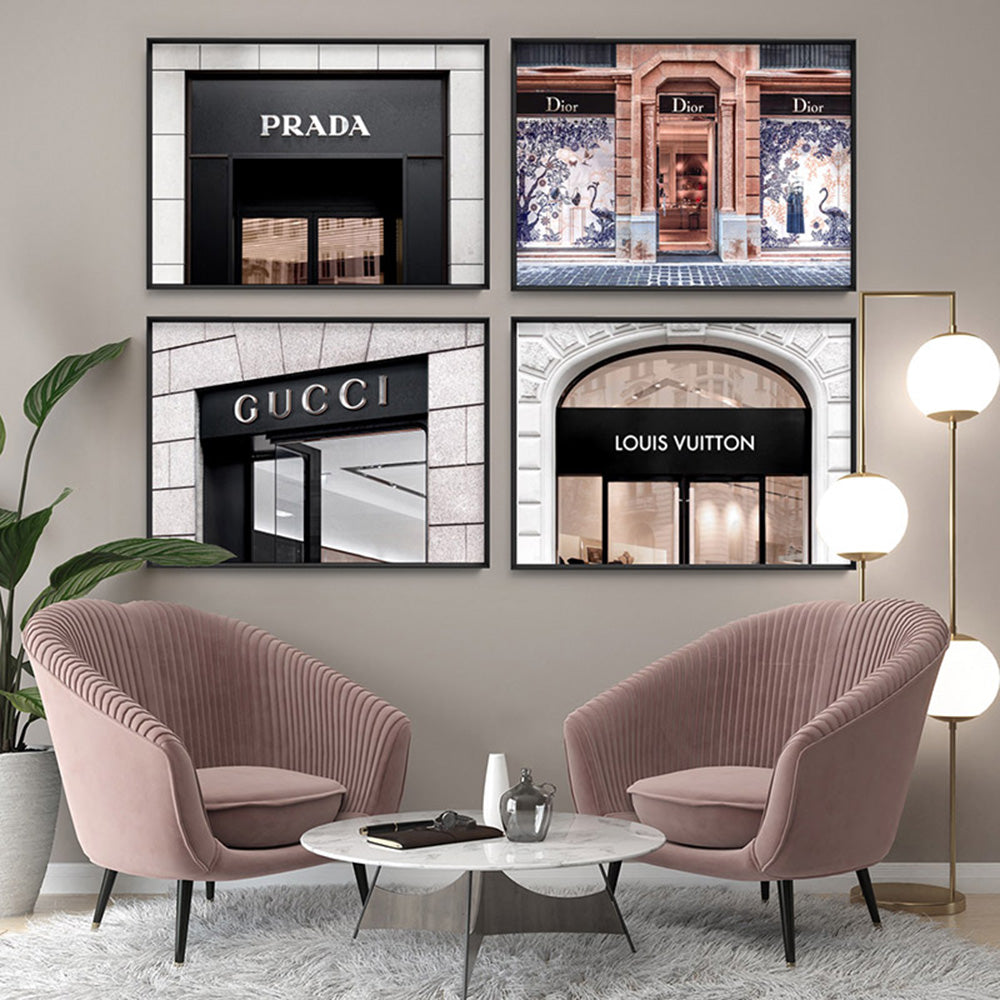 Dior Store in Blush & Blue - Art Print, Poster, Stretched Canvas or Framed Wall Art, shown framed in a home interior space