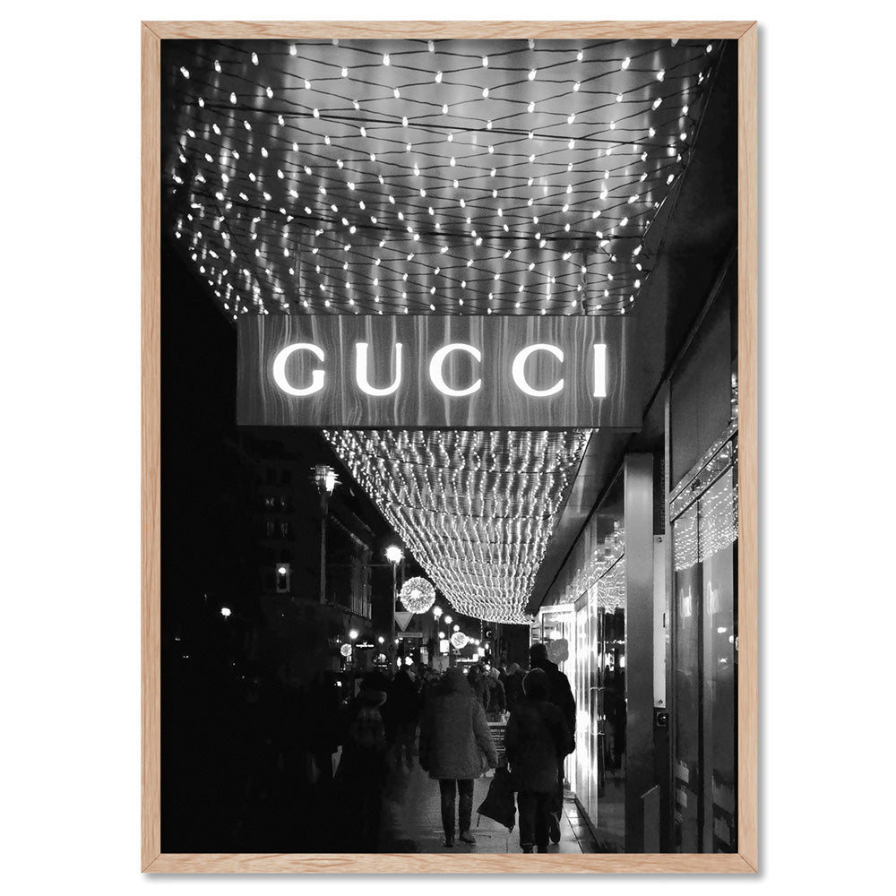 Gucci Lights B&W - Art Print, Poster, Stretched Canvas, or Framed Wall Art Print, shown in a natural timber frame