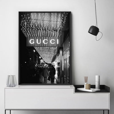 Gucci Lights B&W - Art Print, Poster, Stretched Canvas or Framed Wall Art Prints, shown framed in a room