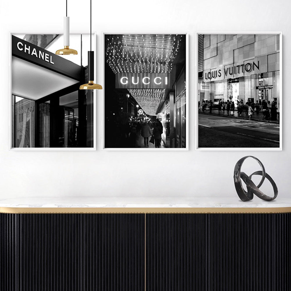 Gucci Lights B&W - Art Print, Poster, Stretched Canvas or Framed Wall Art, shown framed in a home interior space