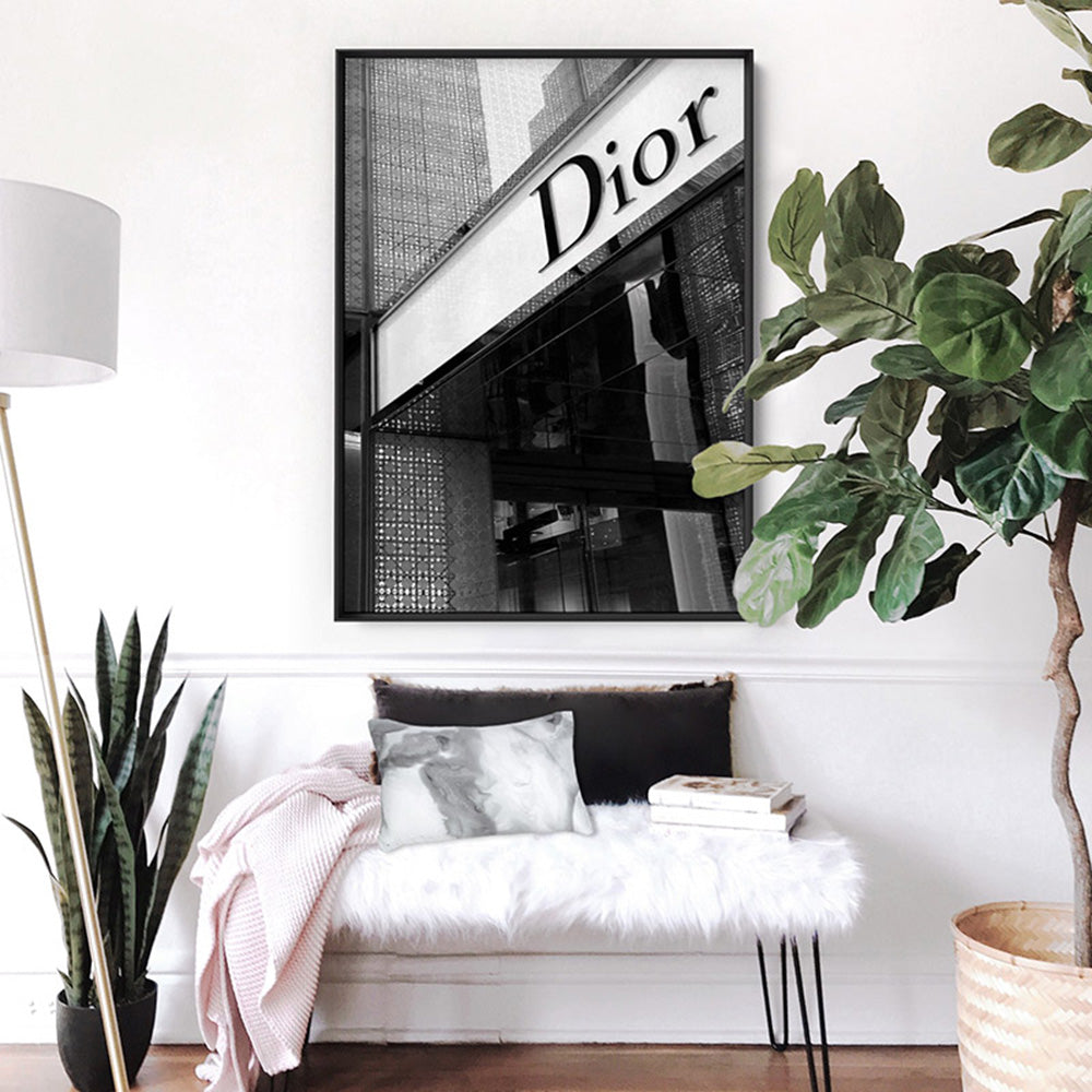 Dior Entrance B&W - Art Print, Poster, Stretched Canvas or Framed Wall Art Prints, shown framed in a room