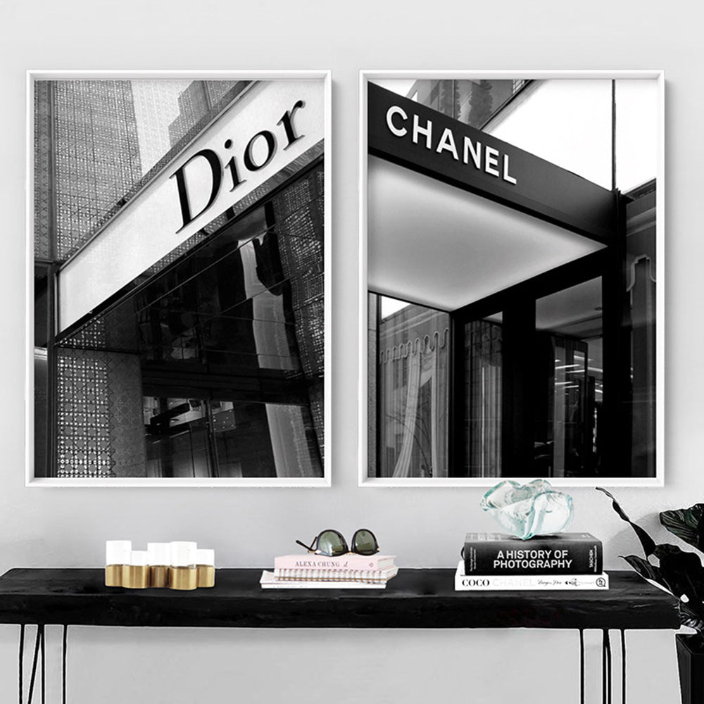 Dior Entrance B&W - Art Print, Poster, Stretched Canvas or Framed Wall Art, shown framed in a home interior space