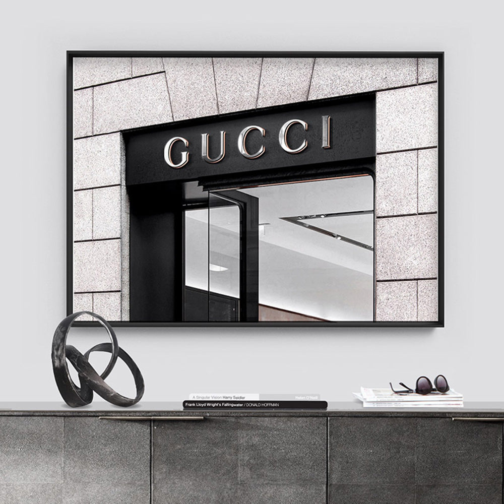 Gucci Entrance Landscape B&W - Art Print, Poster, Stretched Canvas or Framed Wall Art Prints, shown framed in a room