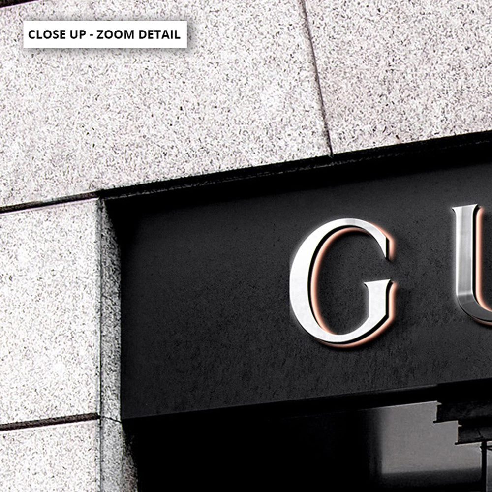 Gucci Entrance Landscape B&W - Art Print, Poster, Stretched Canvas or Framed Wall Art, Close up View of Print Resolution