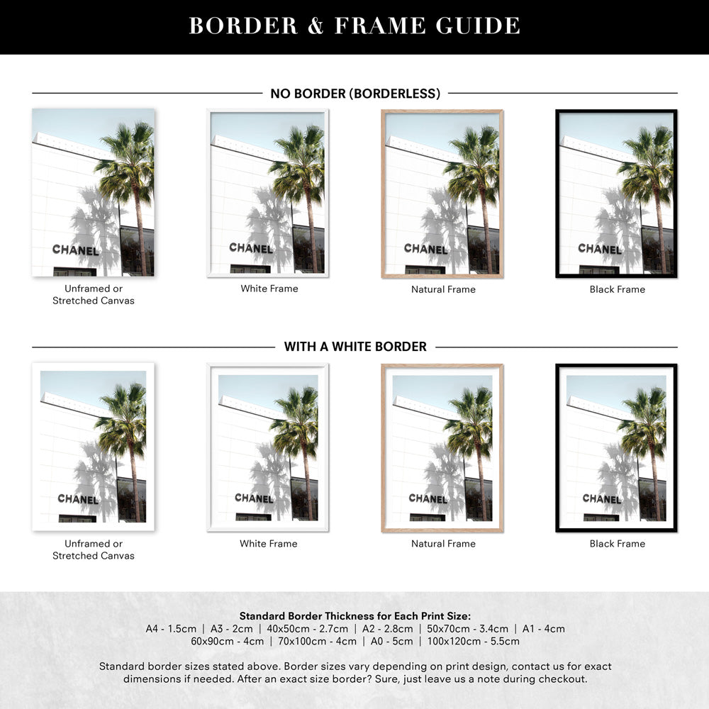 Coco Rodeo Drive - Art Print, Poster, Stretched Canvas or Framed Wall Art, Showing White , Black, Natural Frame Colours, No Frame (Unframed) or Stretched Canvas, and With or Without White Borders
