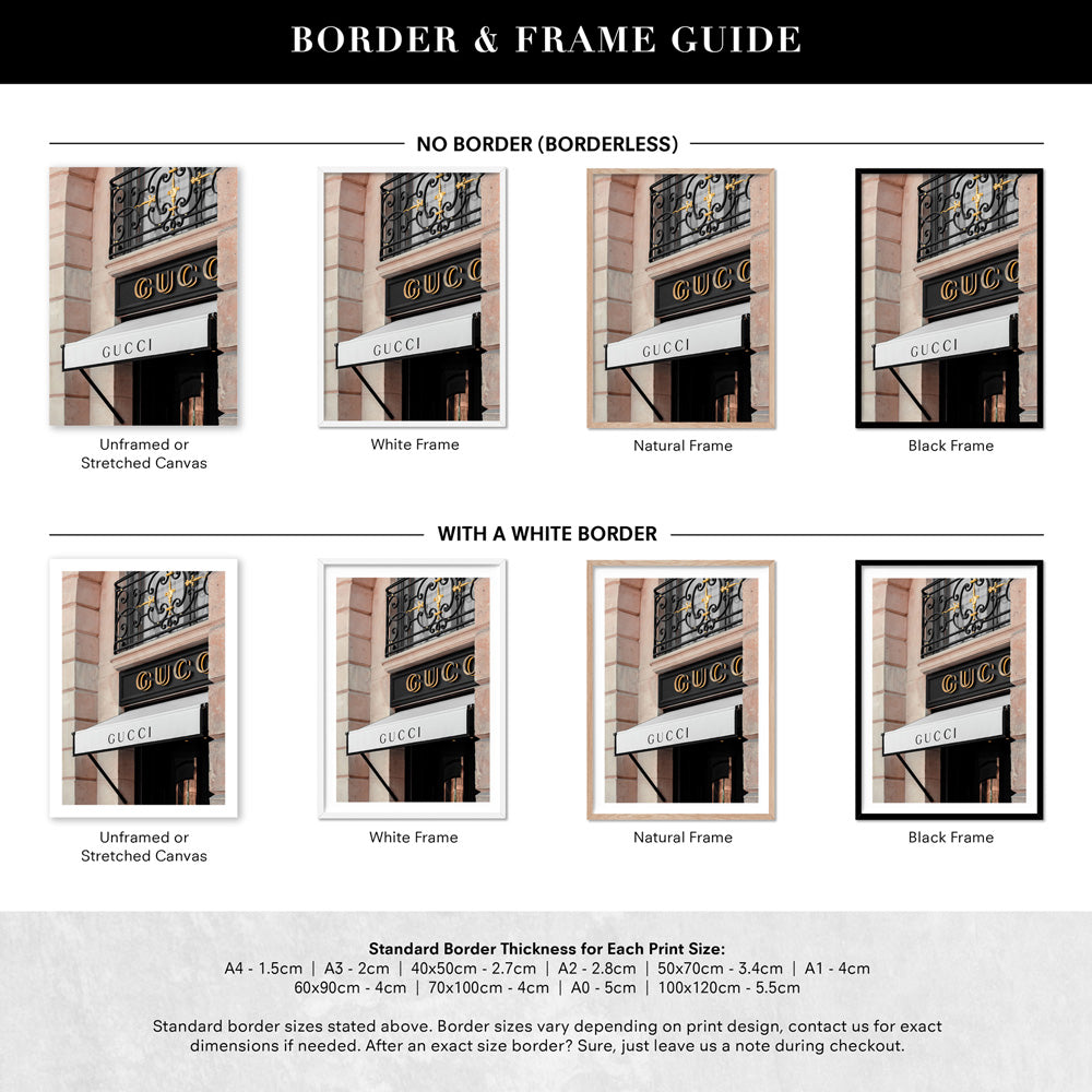 Gucci Facade in Blush - Art Print, Poster, Stretched Canvas or Framed Wall Art, Showing White , Black, Natural Frame Colours, No Frame (Unframed) or Stretched Canvas, and With or Without White Borders