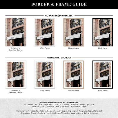 Gucci Facade in Blush - Art Print, Poster, Stretched Canvas or Framed Wall Art, Showing White , Black, Natural Frame Colours, No Frame (Unframed) or Stretched Canvas, and With or Without White Borders