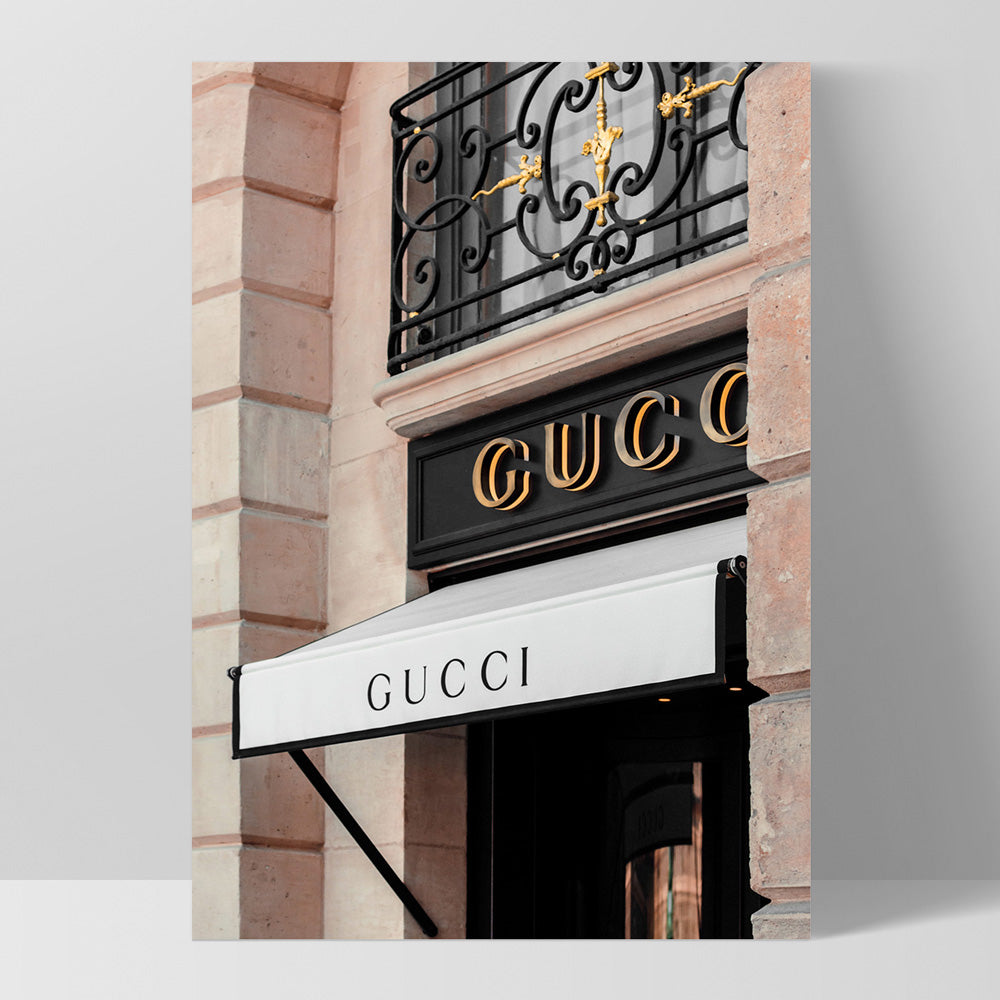 Gucci Facade in Blush - Art Print, Poster, Stretched Canvas, or Framed Wall Art Print, shown as a stretched canvas or poster without a frame