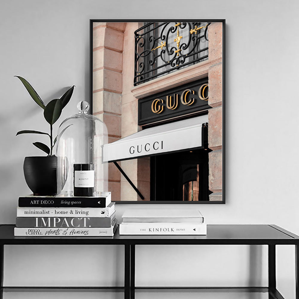 Gucci Facade in Blush - Art Print, Poster, Stretched Canvas or Framed Wall Art Prints, shown framed in a room