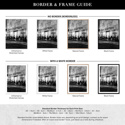 Louis V Entrance B&W - Art Print, Poster, Stretched Canvas or Framed Wall Art, Showing White , Black, Natural Frame Colours, No Frame (Unframed) or Stretched Canvas, and With or Without White Borders