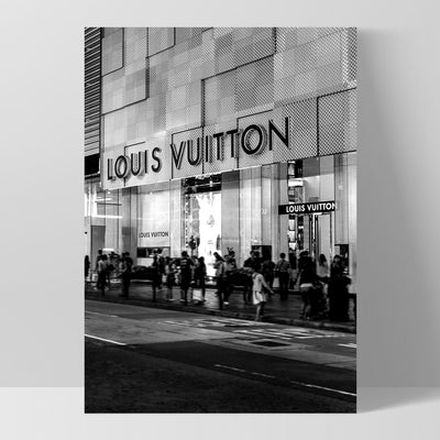 Louis V Entrance B&W - Art Print, Poster, Stretched Canvas, or Framed Wall Art Print, shown as a stretched canvas or poster without a frame