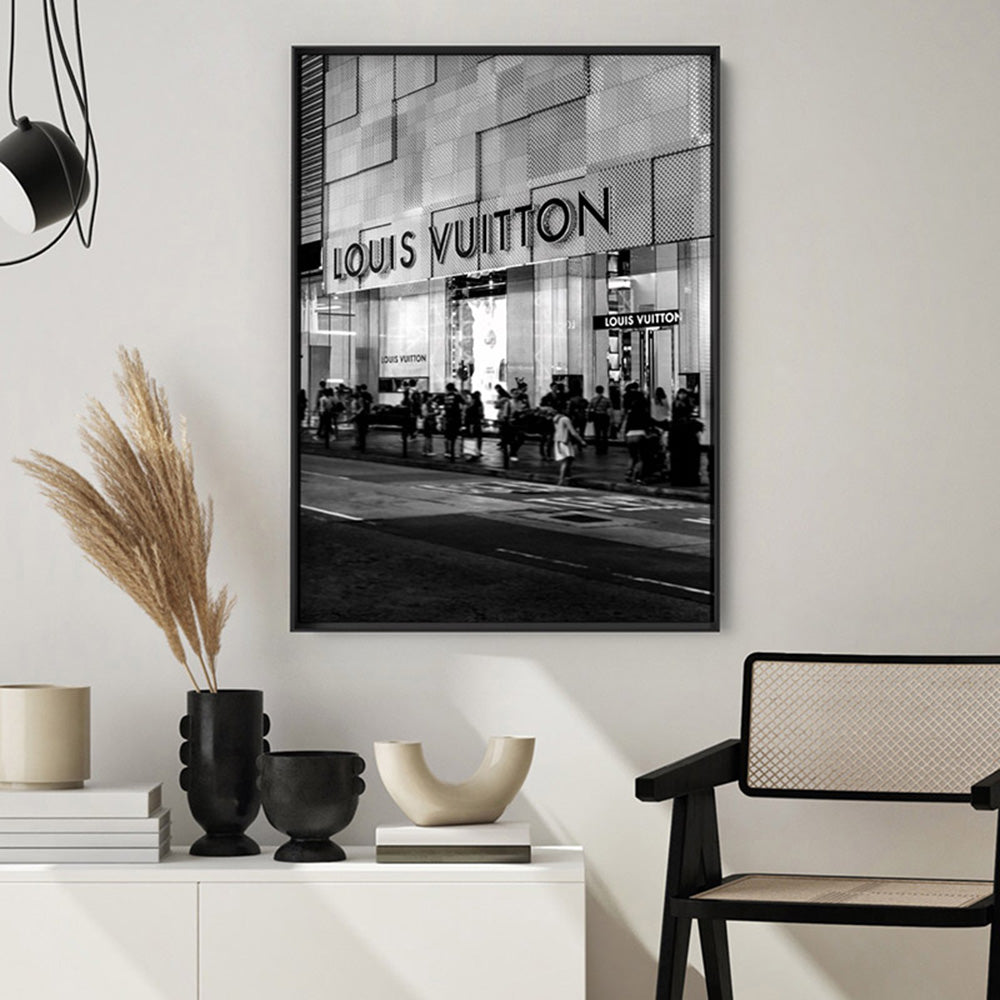 Louis V Entrance B&W - Art Print, Poster, Stretched Canvas or Framed Wall Art Prints, shown framed in a room